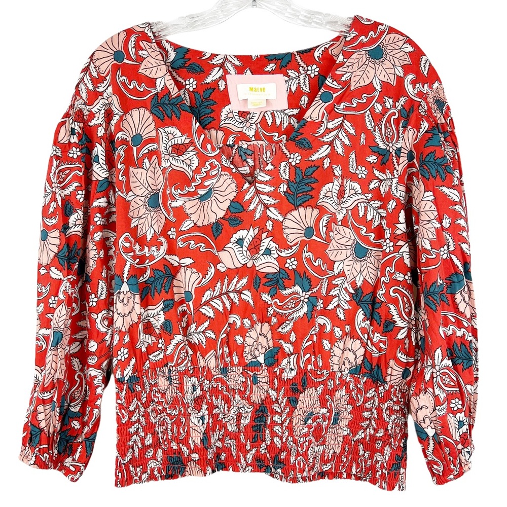 Anthropologie Maeve red v-neck floral print smocked hem peasant blouse size M